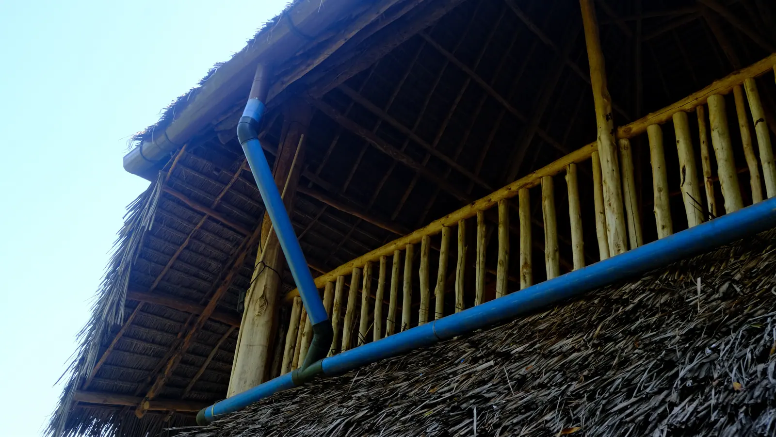 Blue rainwater gutter and downpipe fixed beneath a Makuti roof