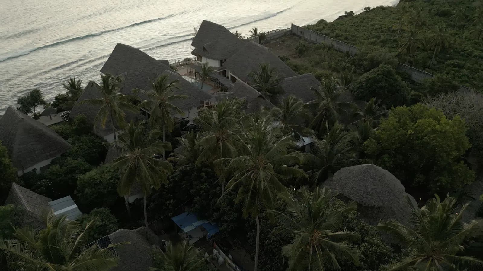 Aerial view of Makuti roofs along Zanzibar's coast